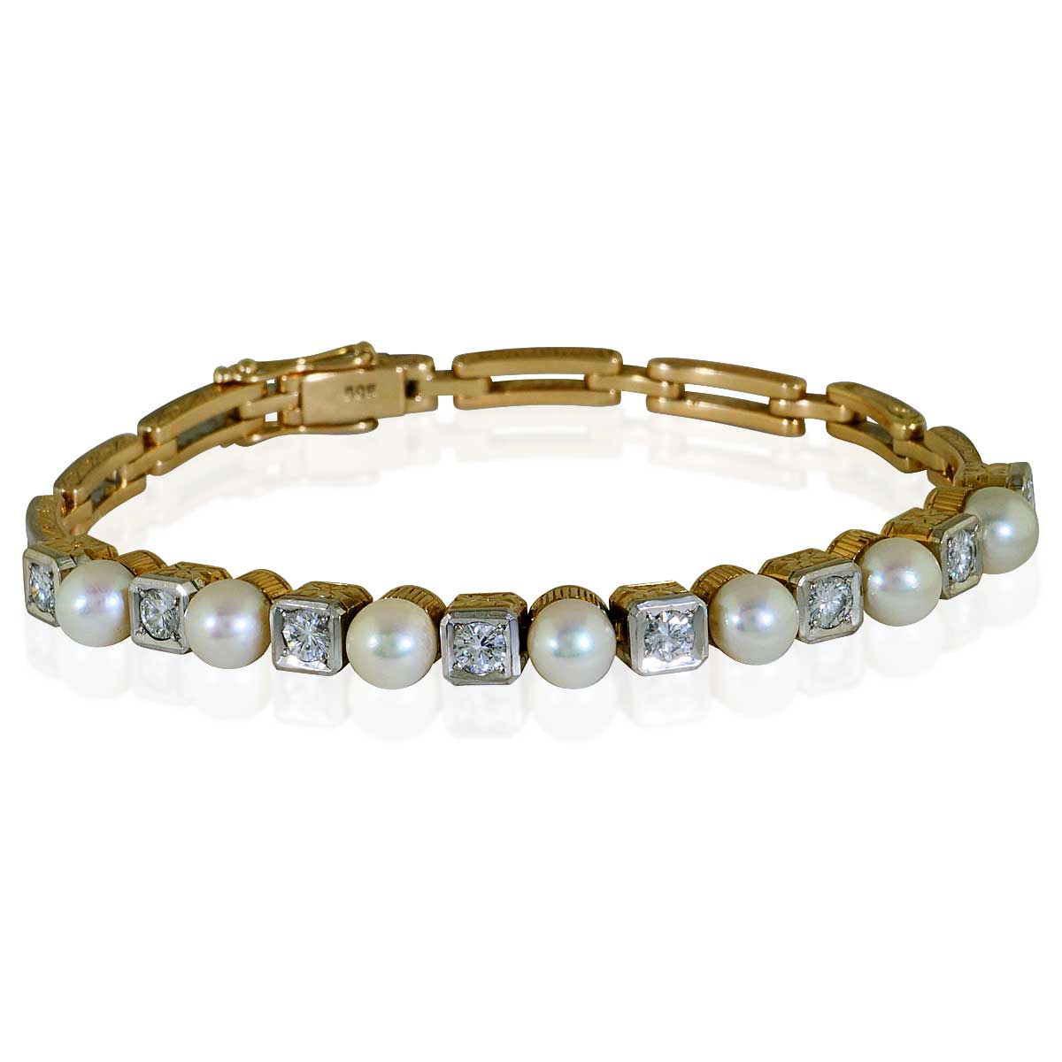 Diamant-Perlen-Gliederarmband mit 0,91ct Diamanten und Perlen besetzt, in 14ct Gold