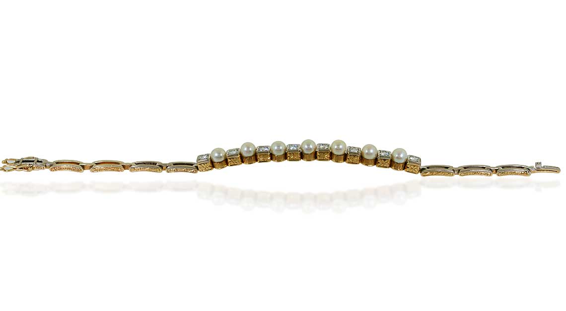 Diamant-Perlen-Gliederarmband mit 0,91ct Diamanten und Perlen besetzt, in 14ct Gold