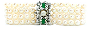 Brillant-Smaragd Perlenarmband 4-reihig mit 18 Kt Weissgoldschließe mit 0.99ct Diamanten und 0,41ct Smaragden, für Vergrösserung bitte hier klicken!