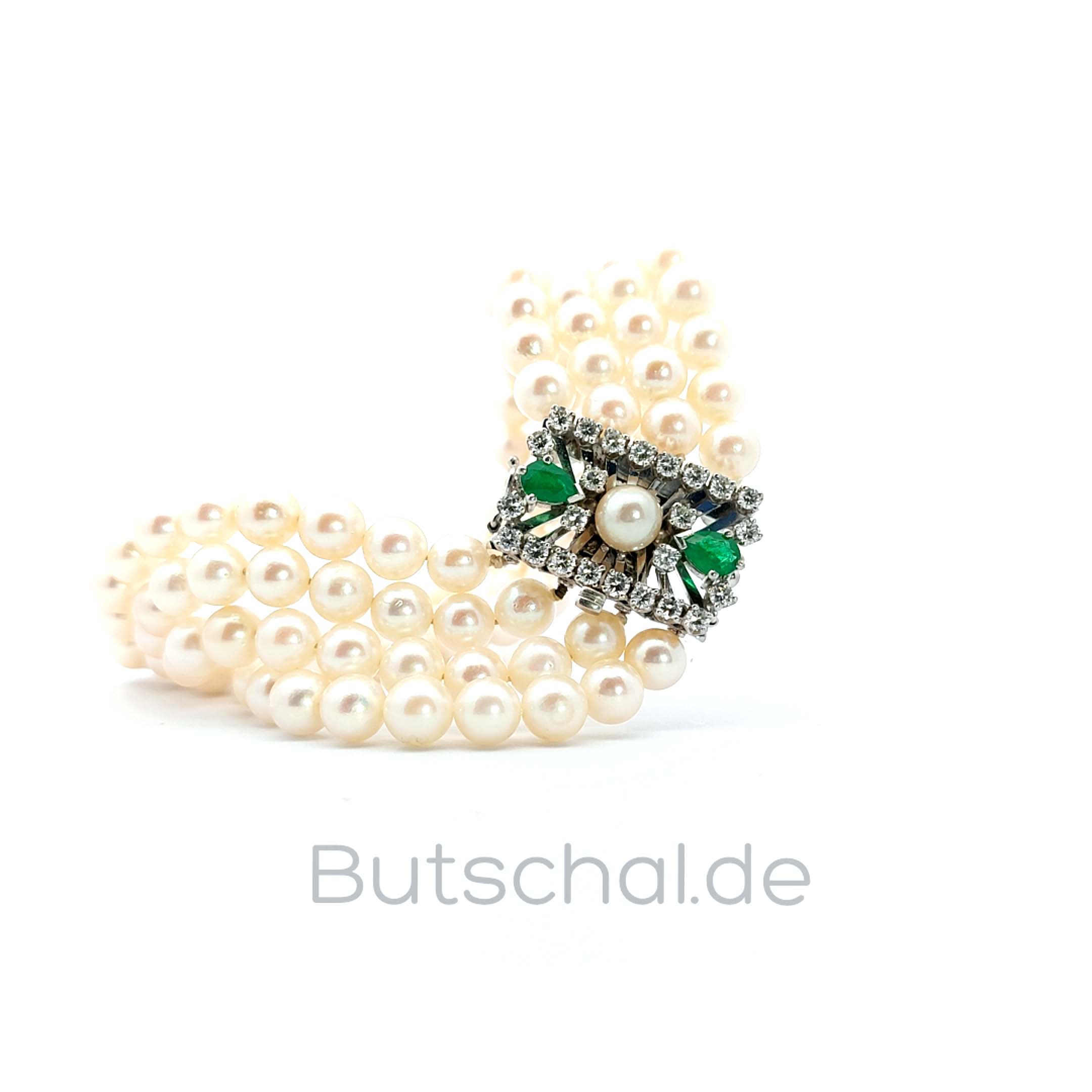 Brillant-Smaragd Perlenarmband 4-reihig mit 18 Kt Weissgoldschließe mit 0.99ct Diamanten und 0,41ct Smaragden