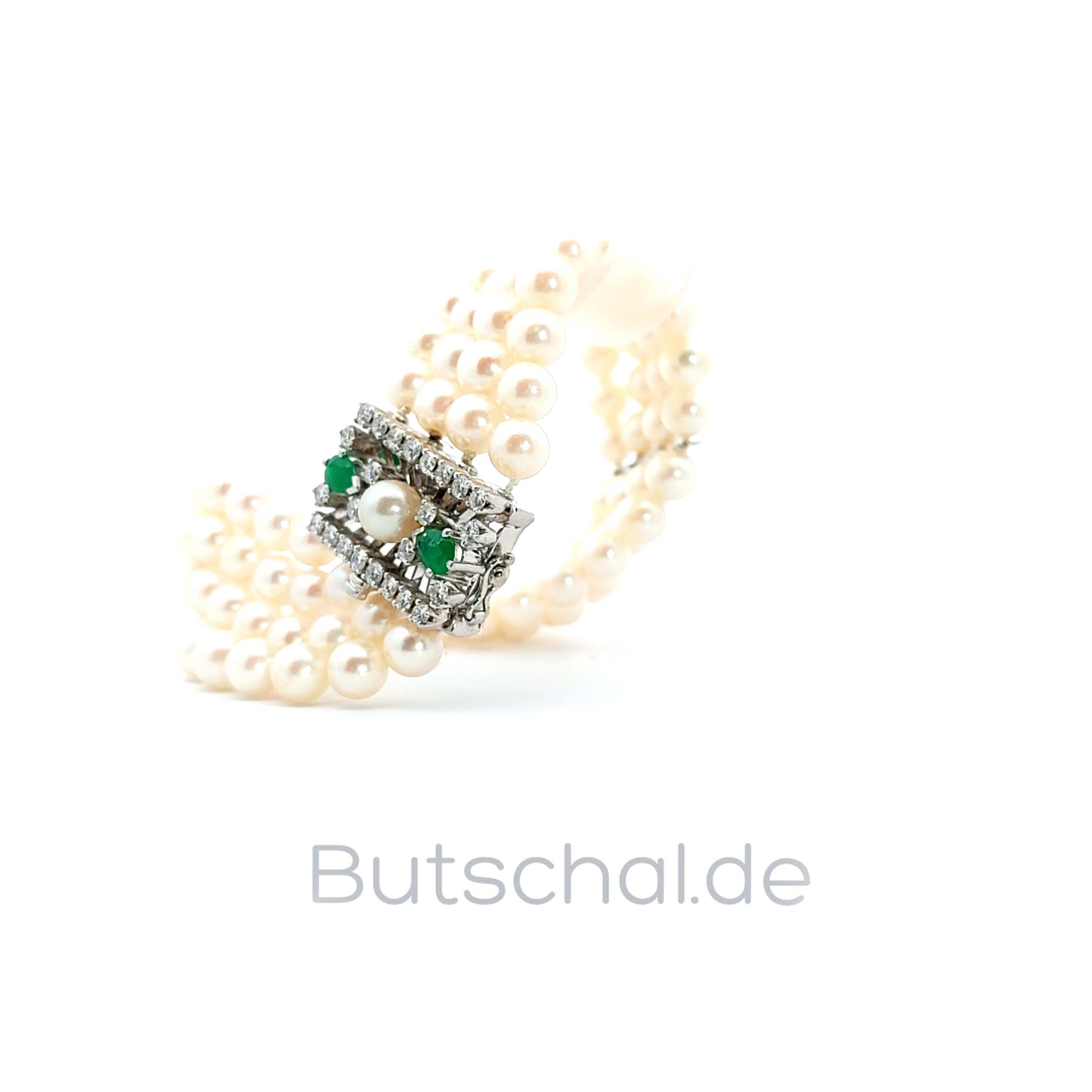 Brillant-Smaragd Perlenarmband 4-reihig mit 18 Kt Weissgoldschließe mit 0.99ct Diamanten und 0,41ct Smaragden