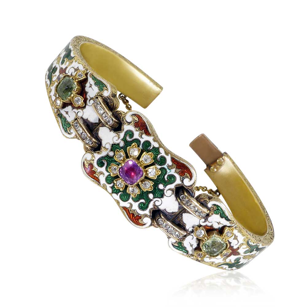 Antikes Diamant Armband mit Email und 0,78ct Diamantrosen, Smaragd im Renaissance Stil