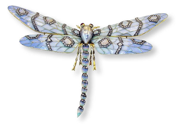 Libelle aus 18 Kt Gold, Email, Diamantrosen, Opale, Rubine und einer Südseeperle als Brosche