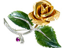 Rubin-Diamant Rosenbrosche, 18 kt Gelb- und Weißgold mit Nephritblättern, 0,22ct Diamanten, für Vergrösserung bitte hier klicken!