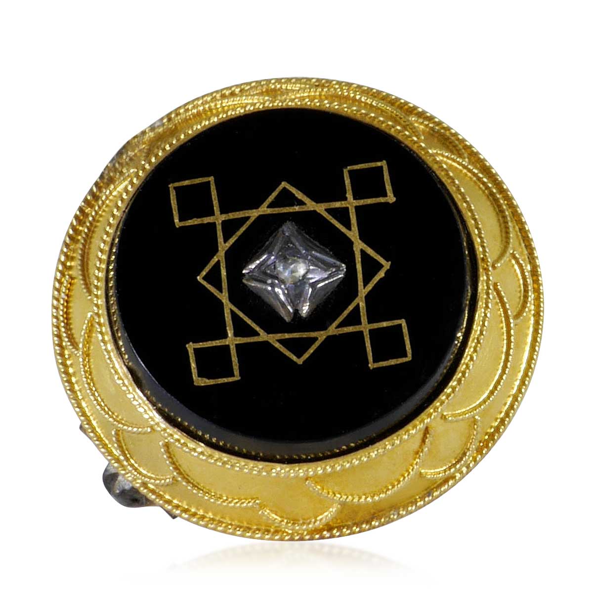 Orginal Biedermeierbrosche rund, Onyx mit Goldeinlagen und Diamantrose in Silberfassung
