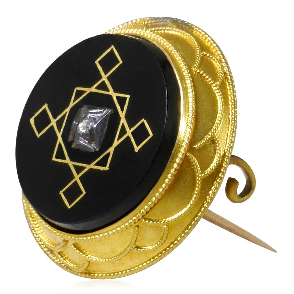 Orginal Biedermeierbrosche rund, Onyx mit Goldeinlagen und Diamantrose in Silberfassung