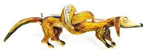   Diamant Brosche Hund mit mit Knoten emailiert in 18kt Gelbgold| Handarbeit, für Vergrösserung bitte hier klicken!