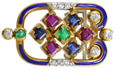 Diamant-Dressclip Brosche in Gelbgold mit Rubin, Saphir, Smaragd und 10 Diamanten, für Vergrösserung bitte hier klicken!