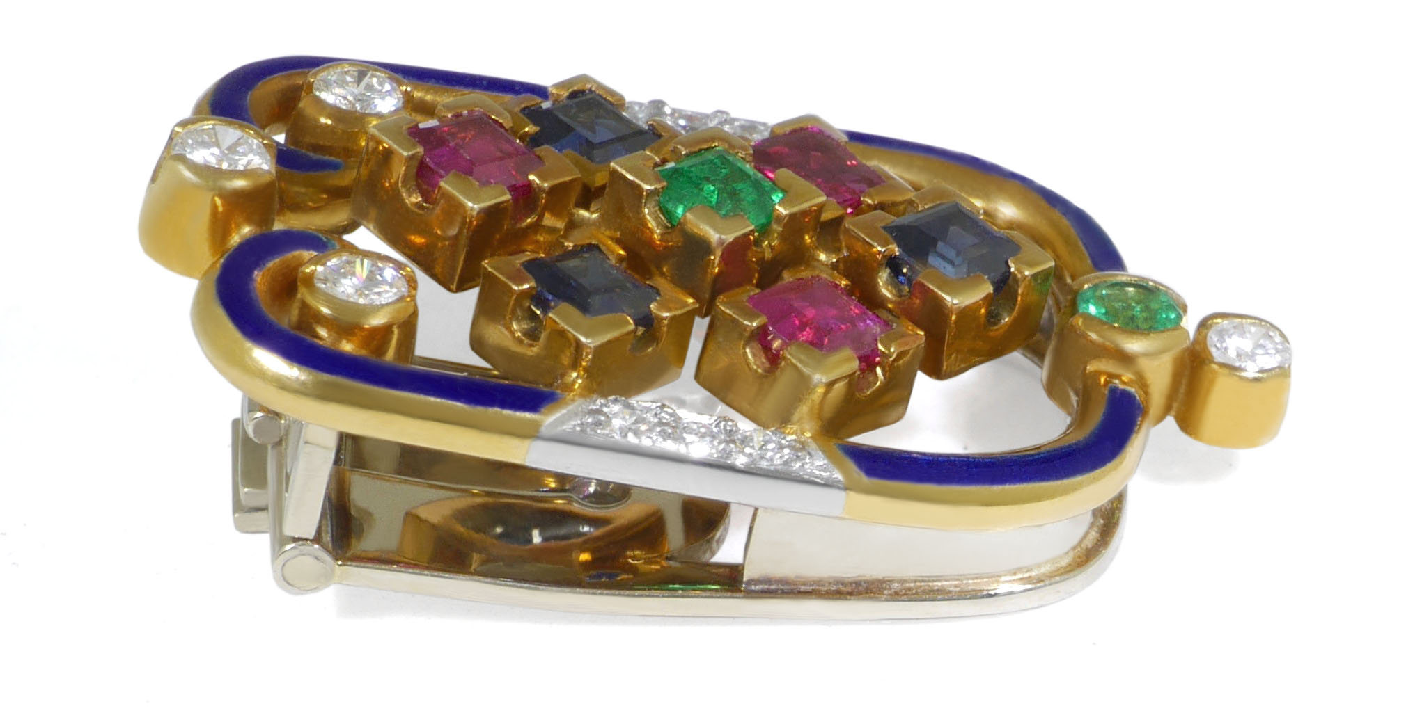 Diamant-Dressclip Brosche in Gelbgold mit Rubin, Saphir, Smaragd und 10 Diamanten