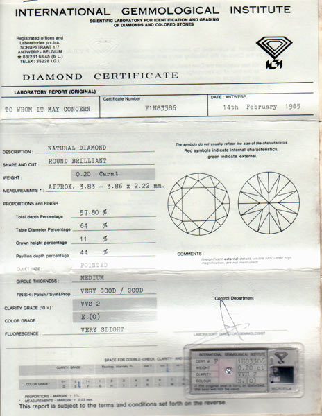 Diamant 0,20ct Rund VVS 2  E, IGI-Gutachten Certificat   