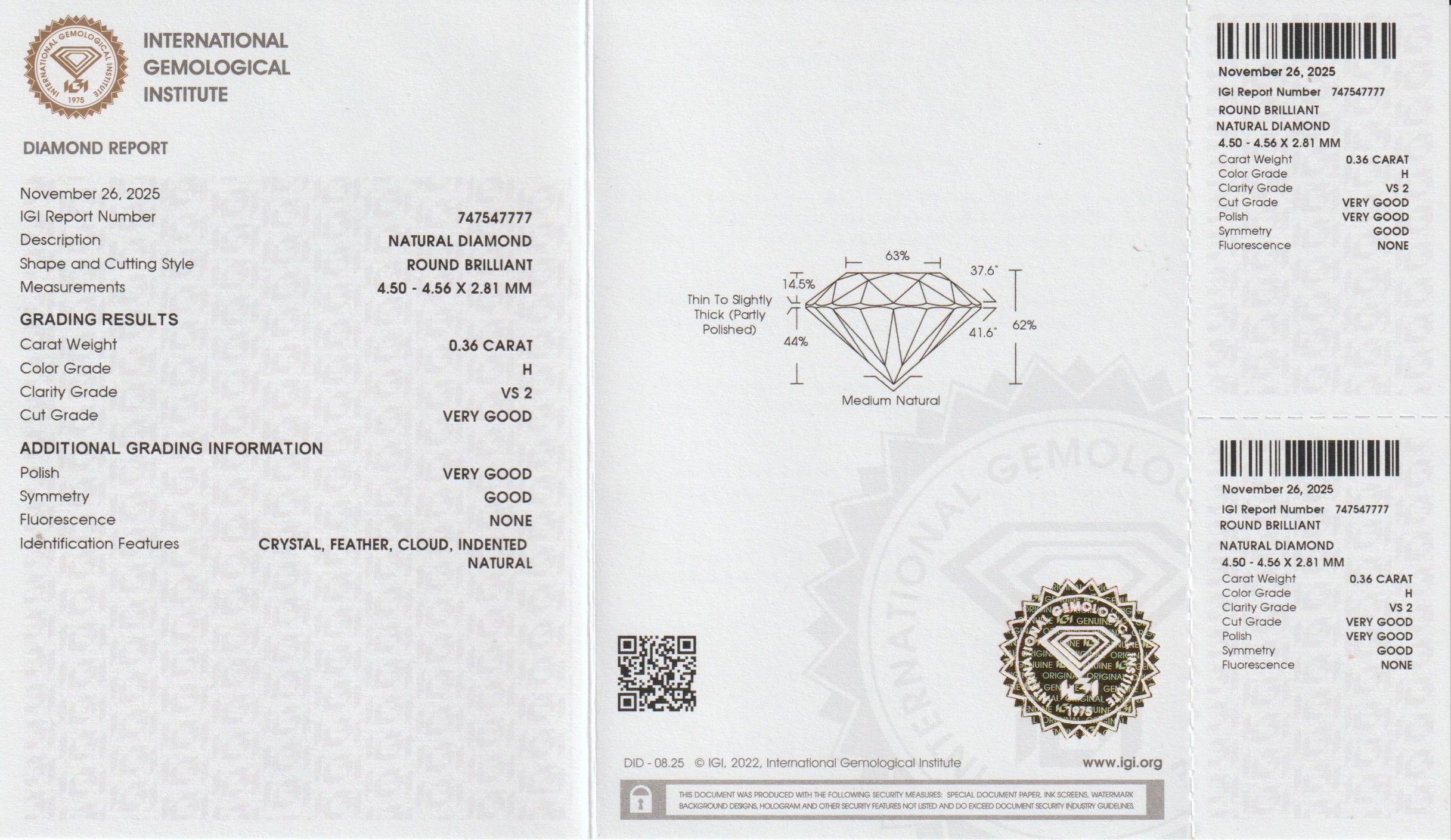 0.36 Ct Diamant Brillant  H VS2 IGI| Diamanten Brillanten
