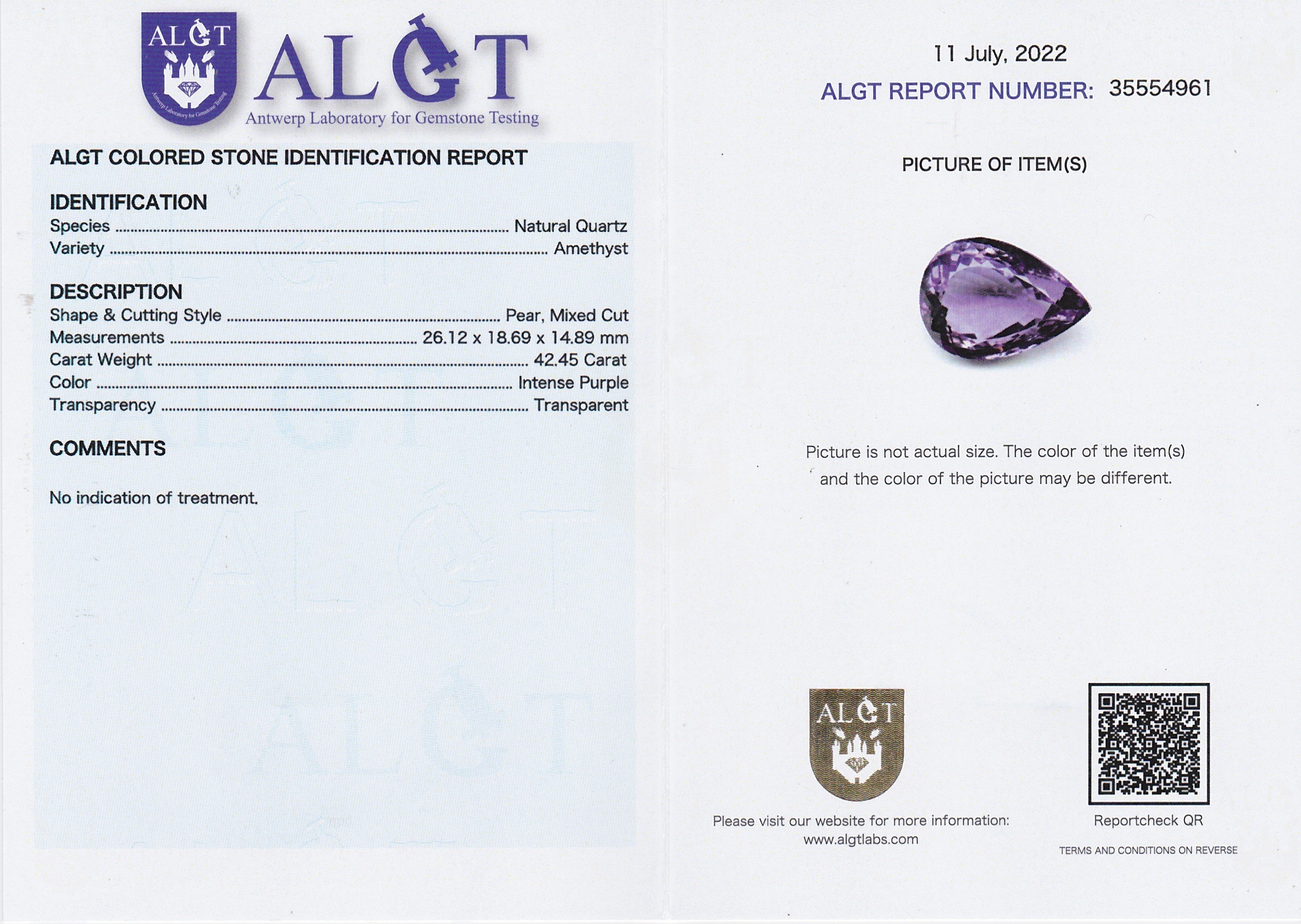 42,45ct Amethyst Tropfen int.purple  | Edelsteine Amethyste