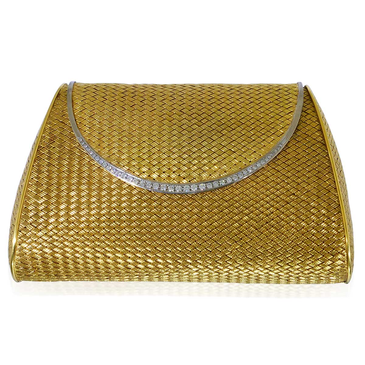Goldene Clutch mit Spiegel, 1,26ct  Diamantborduere und Wildlederfutter| Goldtasche Abendtasche Gold|Schmuck