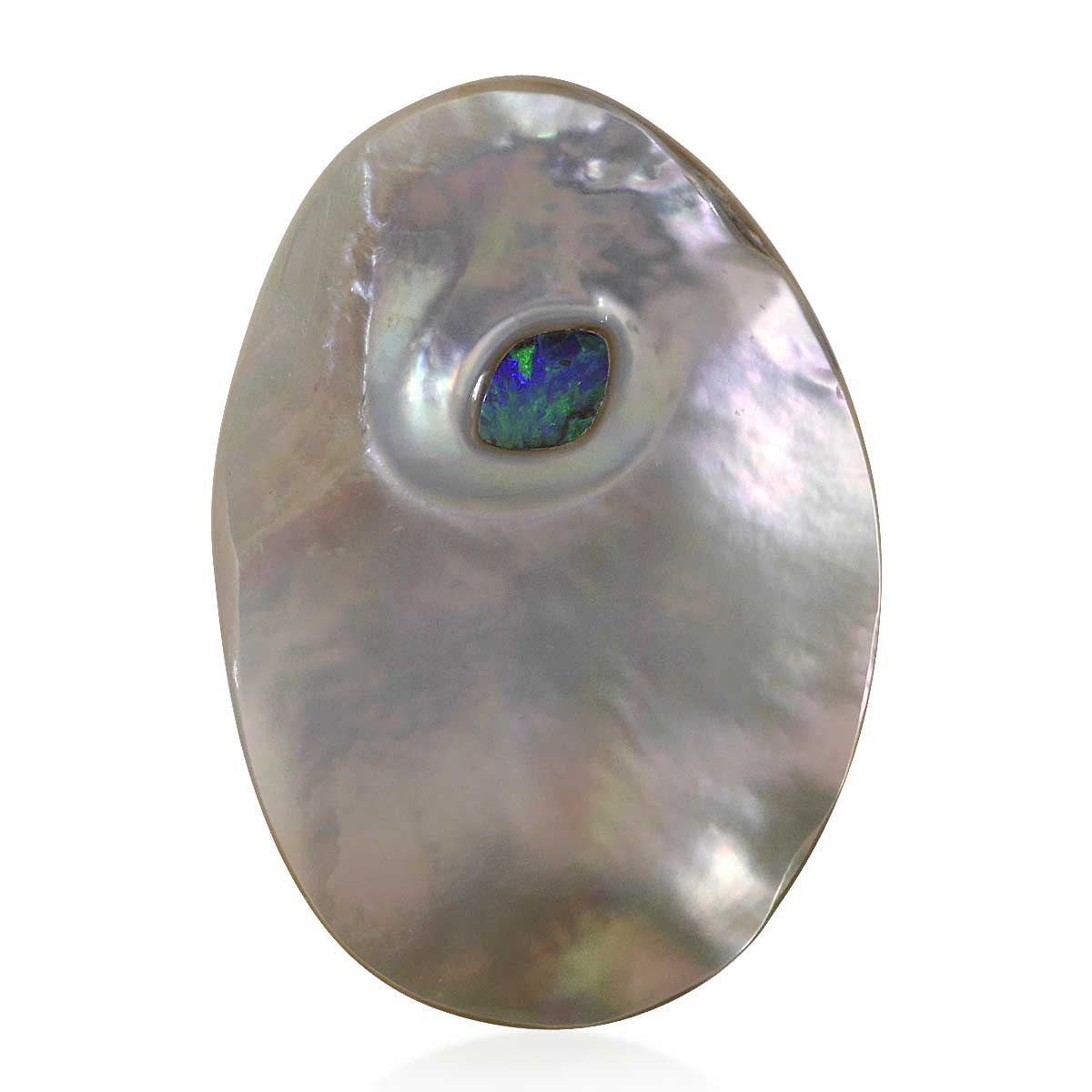 Schmuckschale Objekt |Ovale Perlmuttscheibe mit eingelassenem Opal