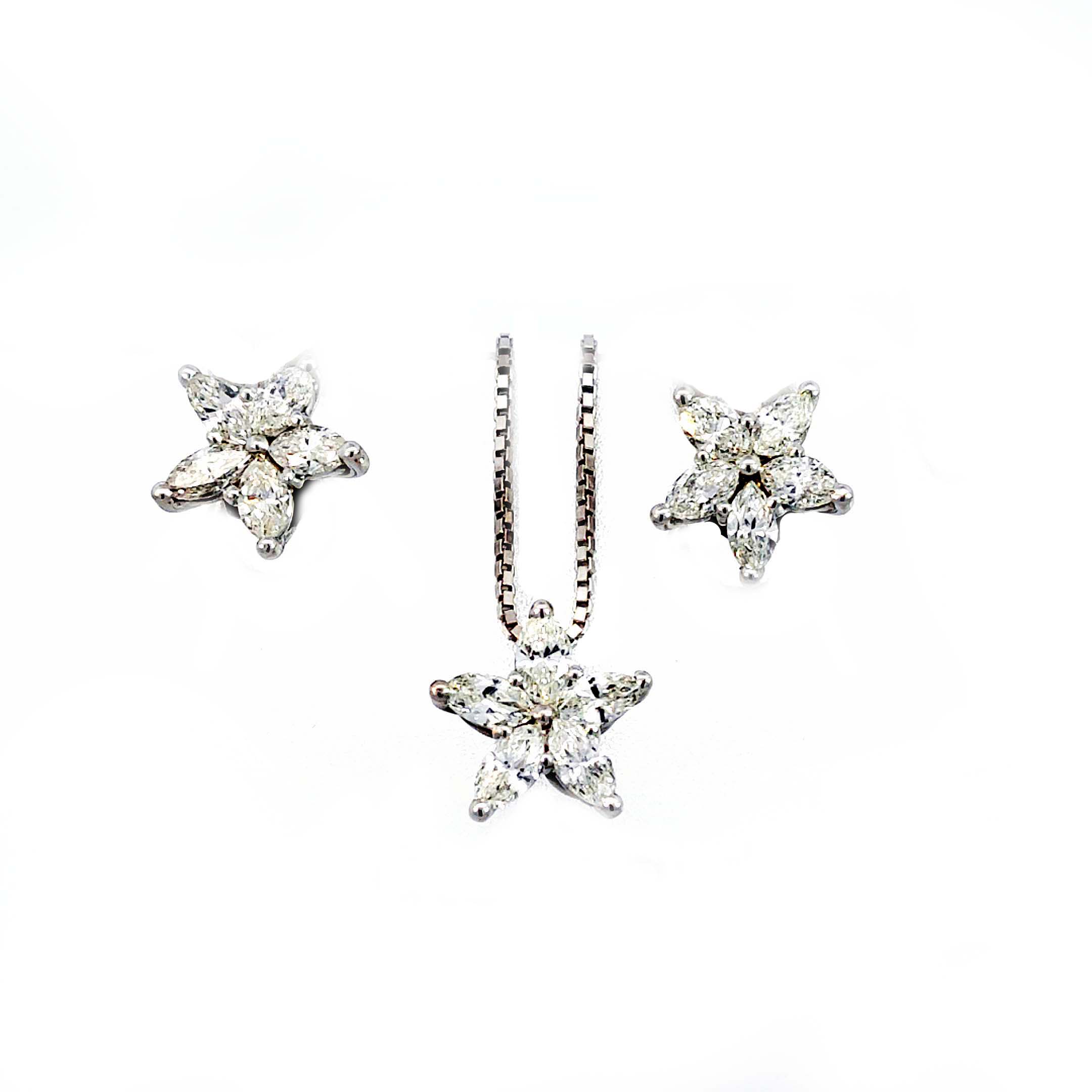 Diamant Weißgoldsterne Ohrclips mit  Stern-Anhänger aus 1,67ct Diamantnavettes