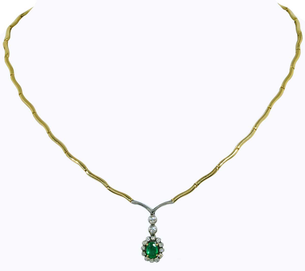 Diamant-Smaragd Goldkollier, 14 kt mit hängendem 0,47ct Smaragd und 0,37ct Diamanten