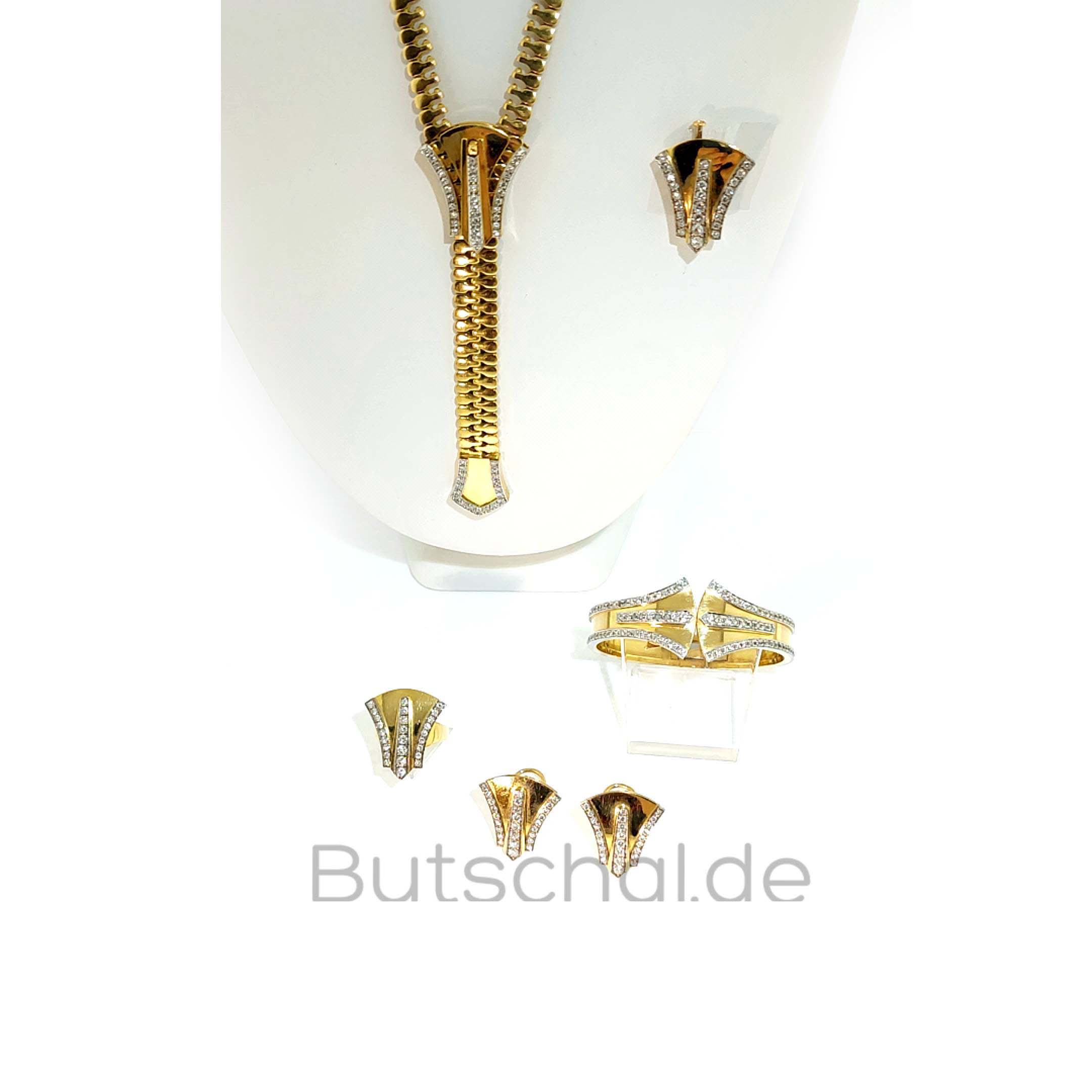Laudier Reißverschluss Collier in Gelbgold und 3,36ct Diamanten in Weißgold passendem Ring, Ohrclips und Brosche