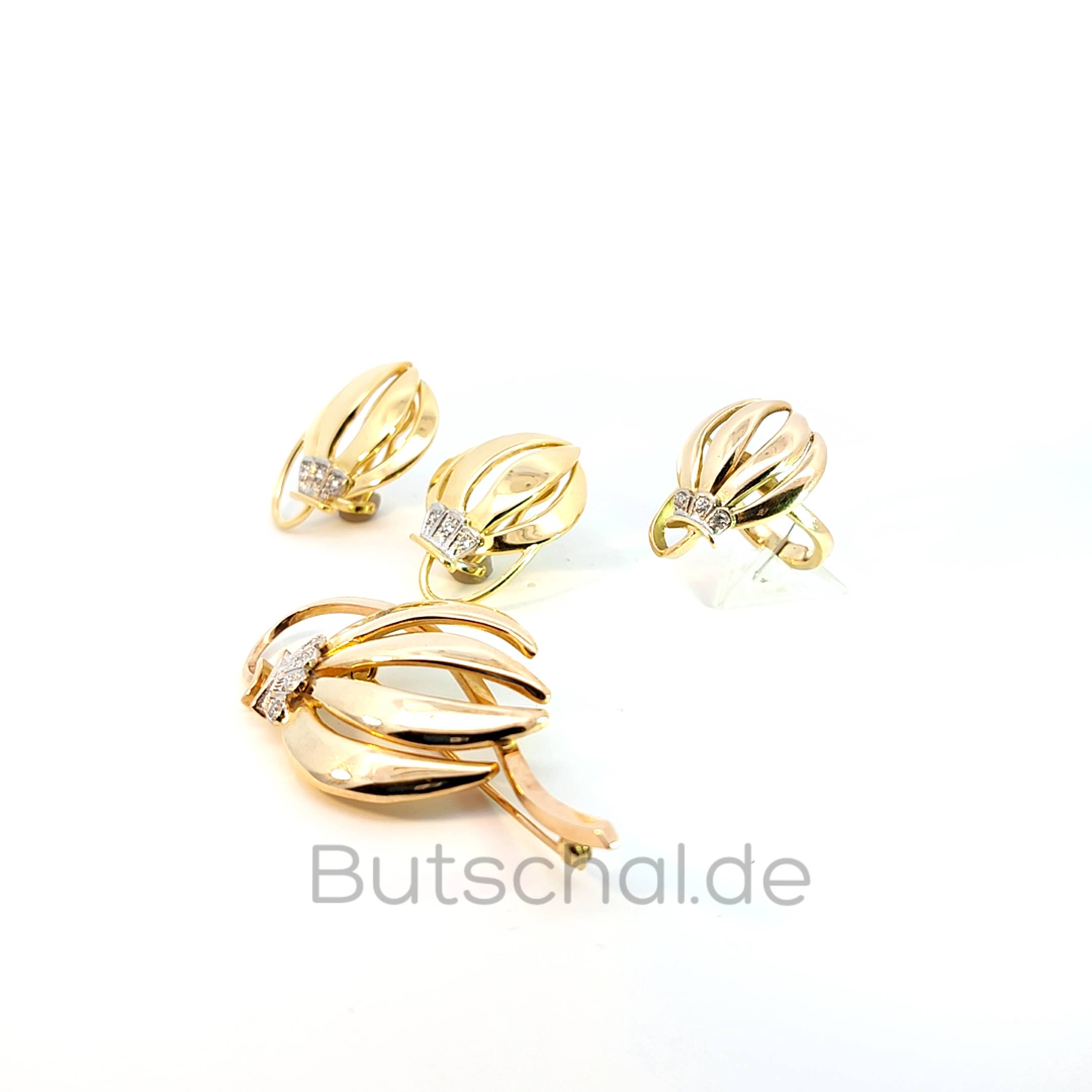 Diamant Gelbgold Clematia Blüten-Set aus Ohrclips zweifarbig  und passendem Ring und Brosche