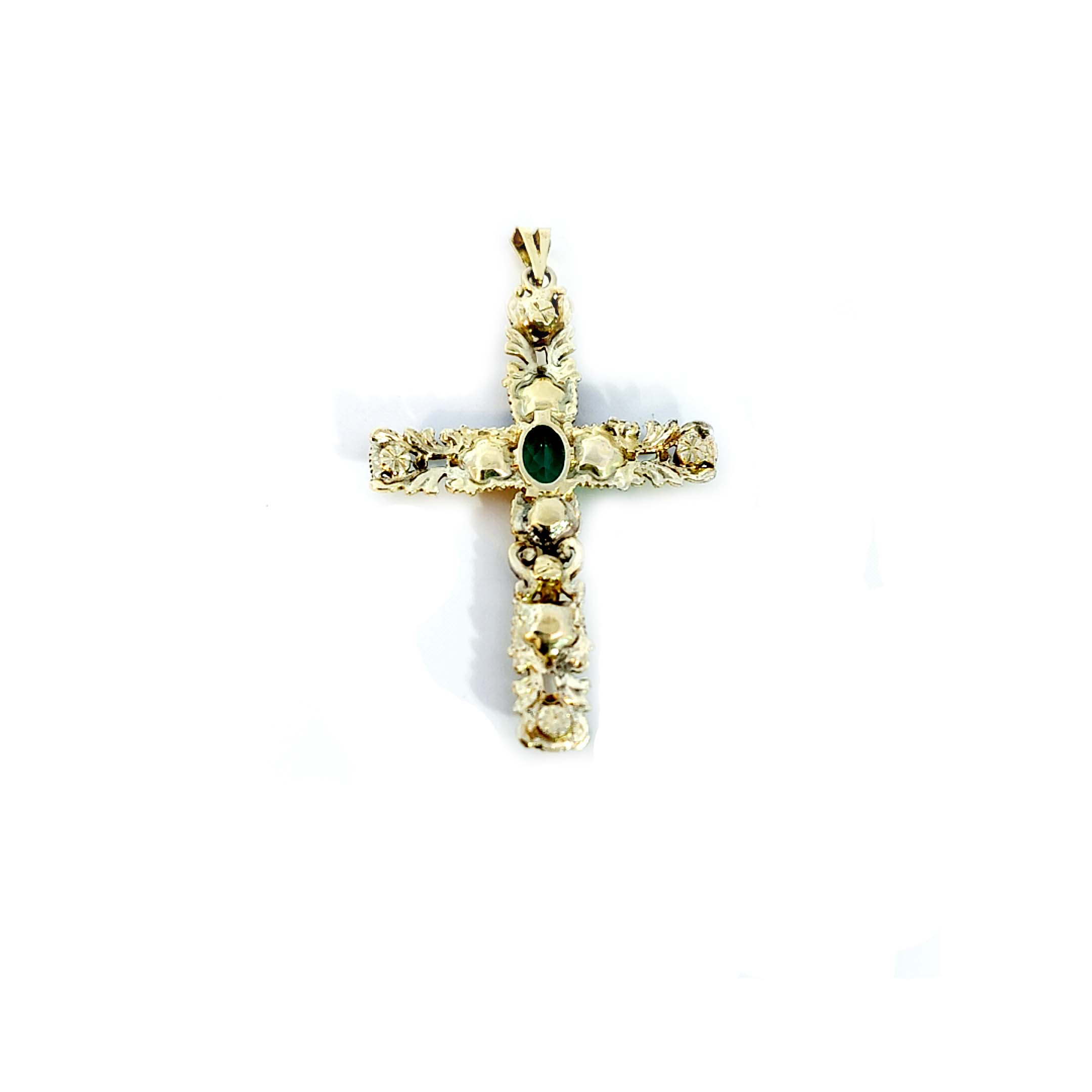Diamant-Goldkreuz mit grünem Granat, Diamantrosen und schwarzen Emaileinlagen