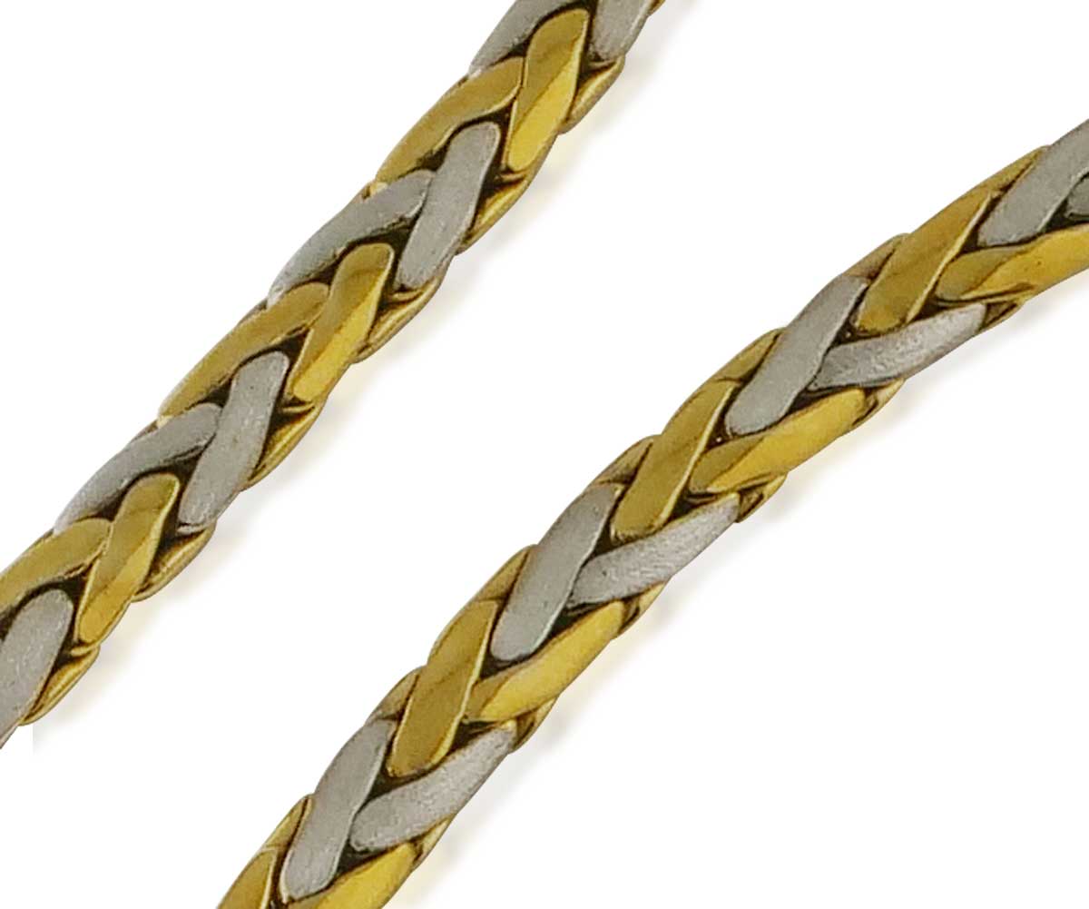  Massives Goldcollier und Goldarmband, Zopfmuster-Kette und Armband in 14kt Weiß und Gelbgold 