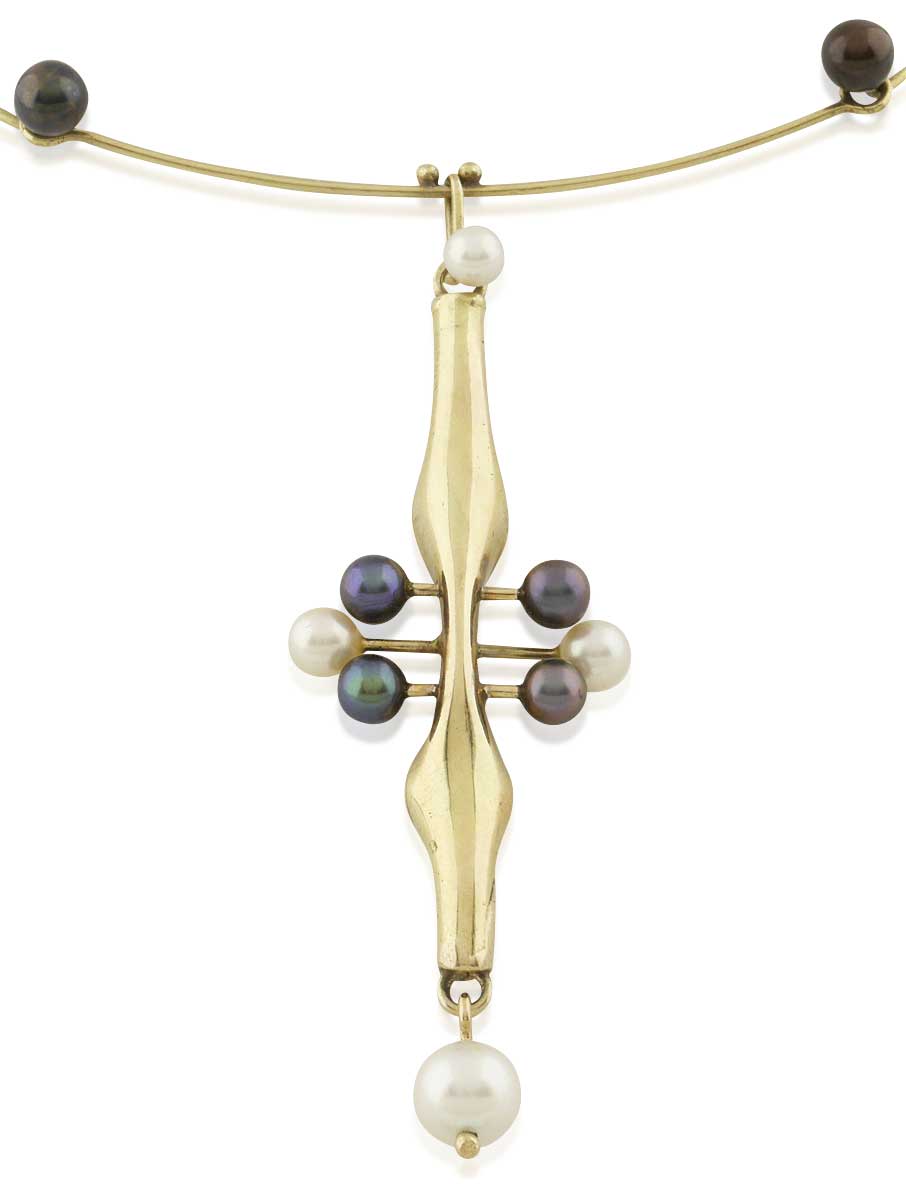 Unikat Designer Kollier 14 kt Gelbgold mit verschiedenfarbigen Perlen mit verschiedenfarbigen Perlen