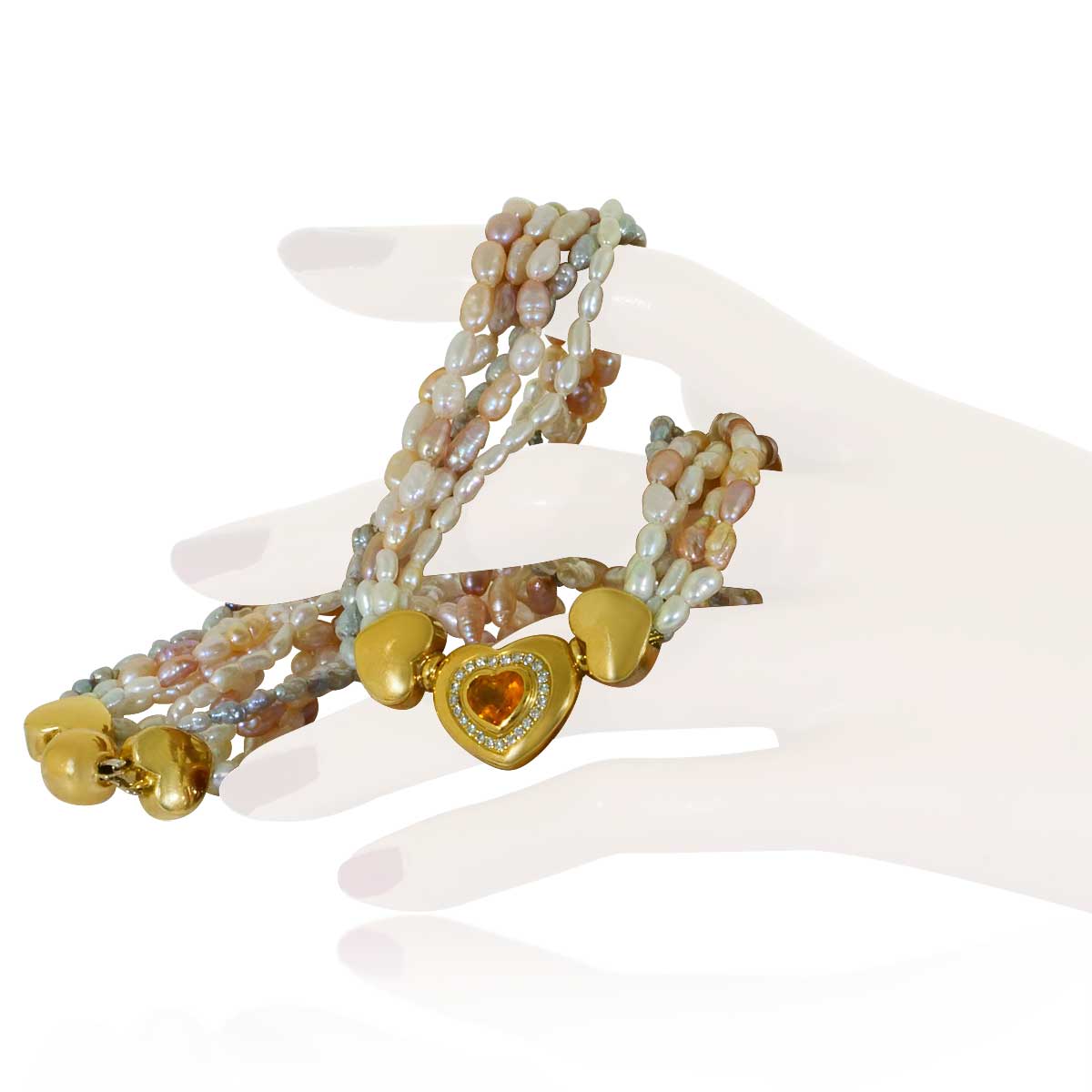 5-reihige Perlenkette mit 18 kt Gelbgoldelementen Diamant und gelbem Saphirherz