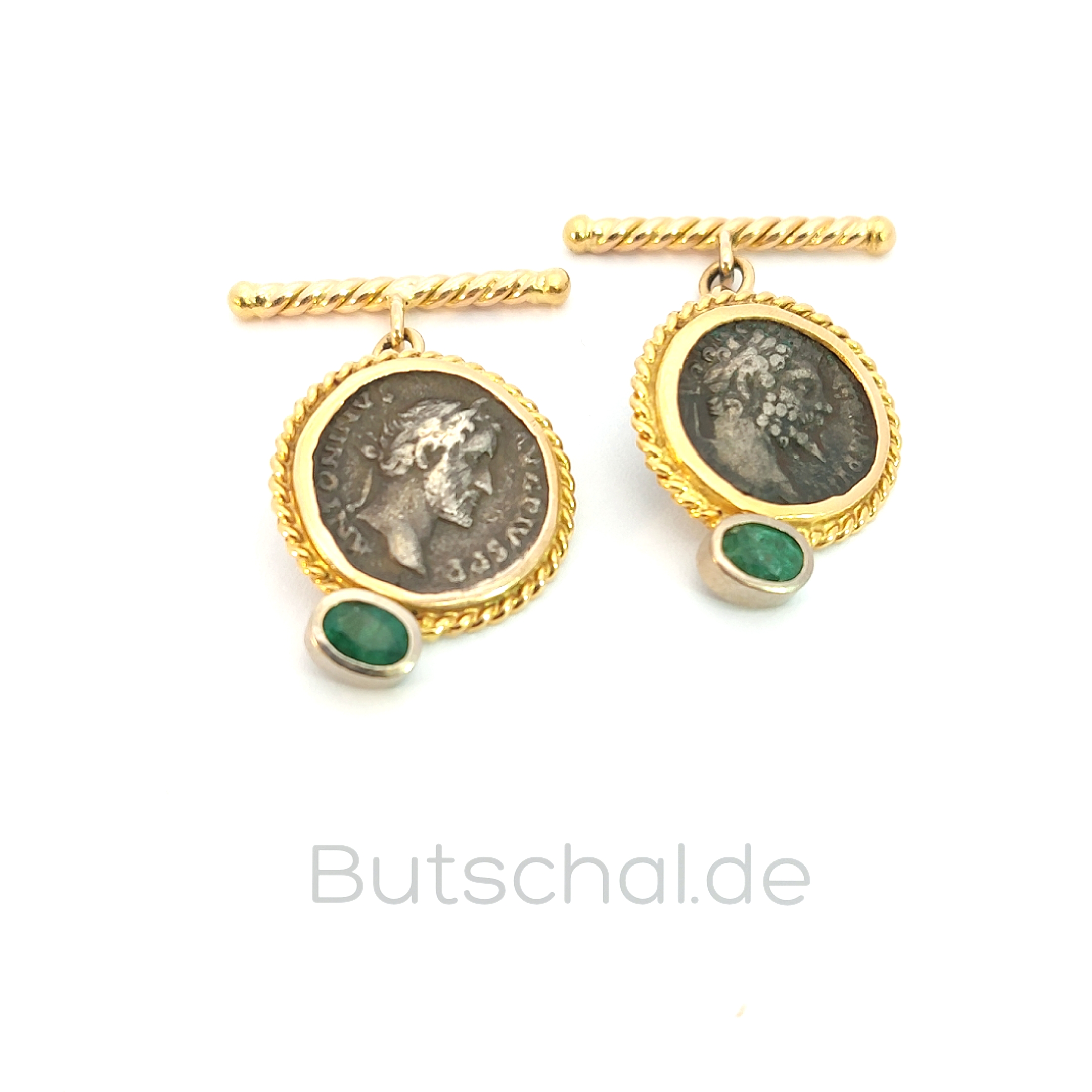 Manschettenknöpfe - Smaragd und Münze in Gold gefasst 
