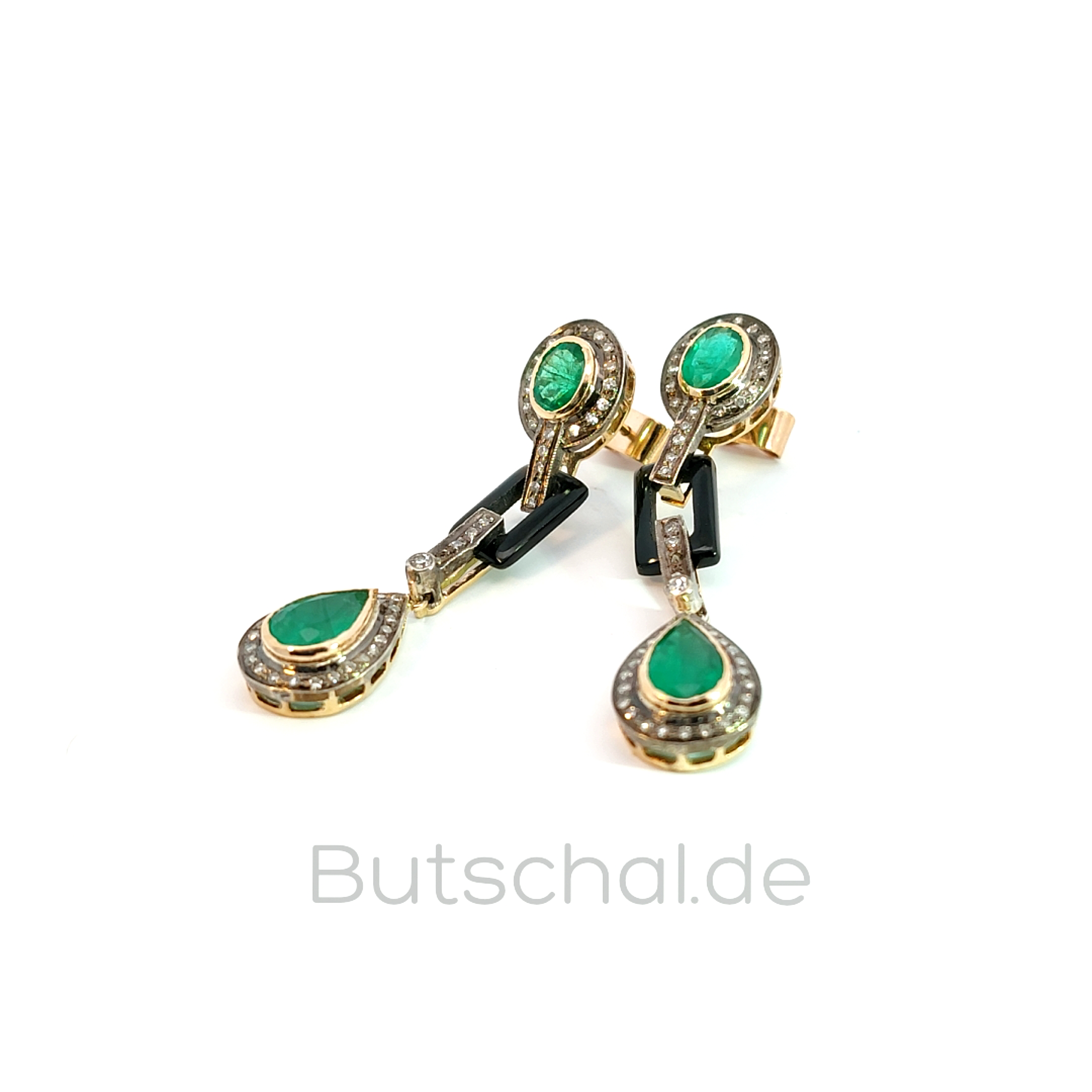 Smaragd Ohrringe mit Onyx  4,10ct Smaragd und 0,90ct Diamanten in 750er Gelbgold