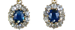 Saphir Diamant-Ohrringe, 14 kt Gelbgold| 2,26ct Saphir mit Altschliffdiamanten von 2,54ct umrahmt, als Ohrhänger, für Vergrösserung bitte hier klicken!