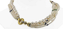 6 Perlenketten als mehrreihiges Perlencollier mit Rubinen, Smaragden, Saphiren und attraktiver Goldschliesse , für Vergrösserung bitte hier klicken!