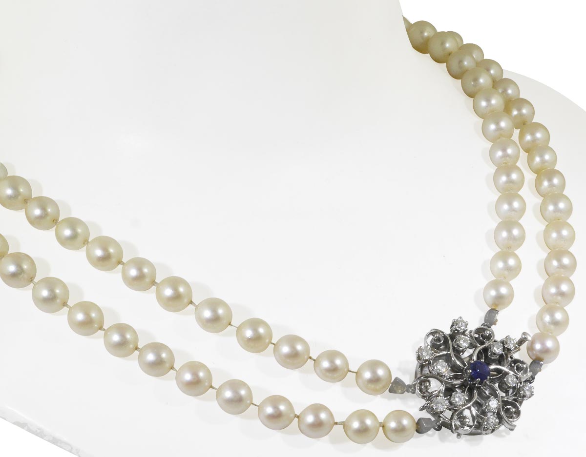 Perlen Collier 2-reihig mit einer Saphir-Diamantschliesse von 1,14ct Diamanten und 0,47ct Saphir 