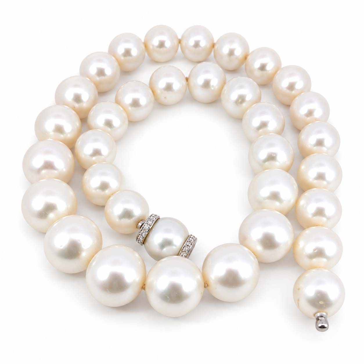 Silberwei�e S�dseeperlenkette, S�dseeperlen 14-11,5mm mit Patentschlie�e und Diamanten 