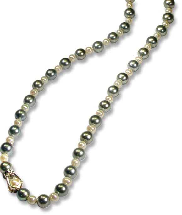 Perlenkette grau/weiss  5,7 mm-10mm extralang