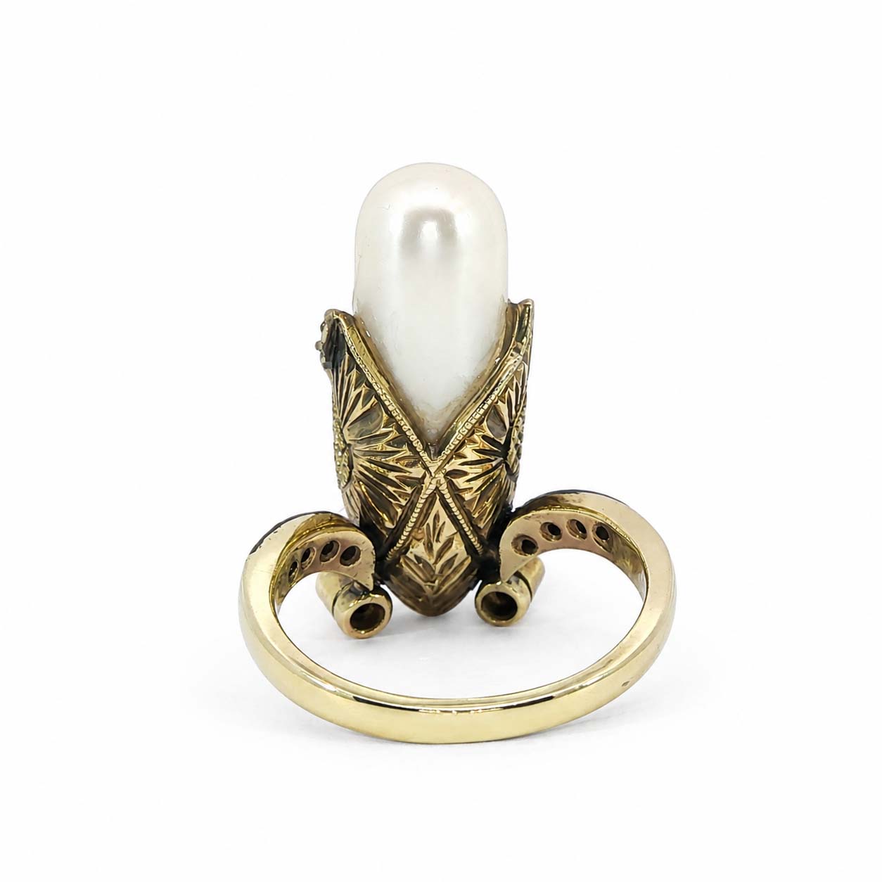  Emaille Goldring mit gro�er barocker Perle,18 Diamanten und Saphire,18kt Gelbgold