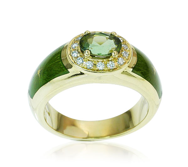  Peridot-Diamant-Ring, grünes Emaille nach Russischer Art Goldring VICTOR MAYER für FABERGÉ