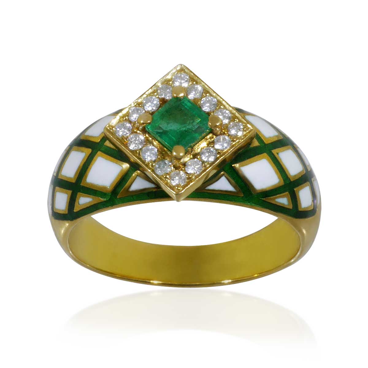 Smaragd-Diamant Goldring mit Email und 16 Diamanten und 0,19ct Smaragd  