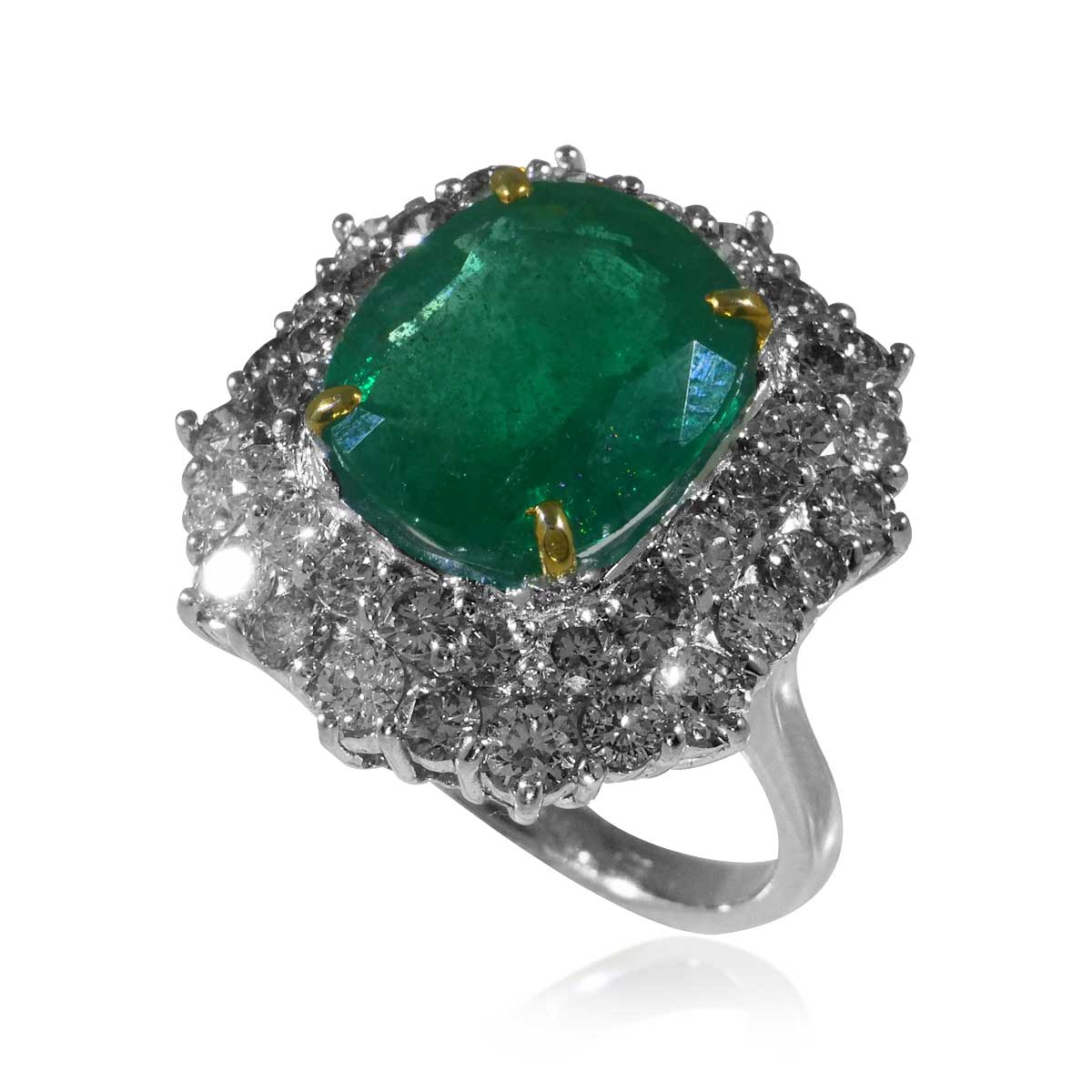 Smaragd-Diamant-Ring in Weissgold 11,86ct Smaragd, mit doppelter Brillantreihe 4,97ct 