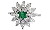 Smaragdring mit 1,36ct Diamanten in Form von Sternstrahlen-Halo und einem0,32ct Smaragd, in Distelform, für Vergrösserung bitte hier klicken!