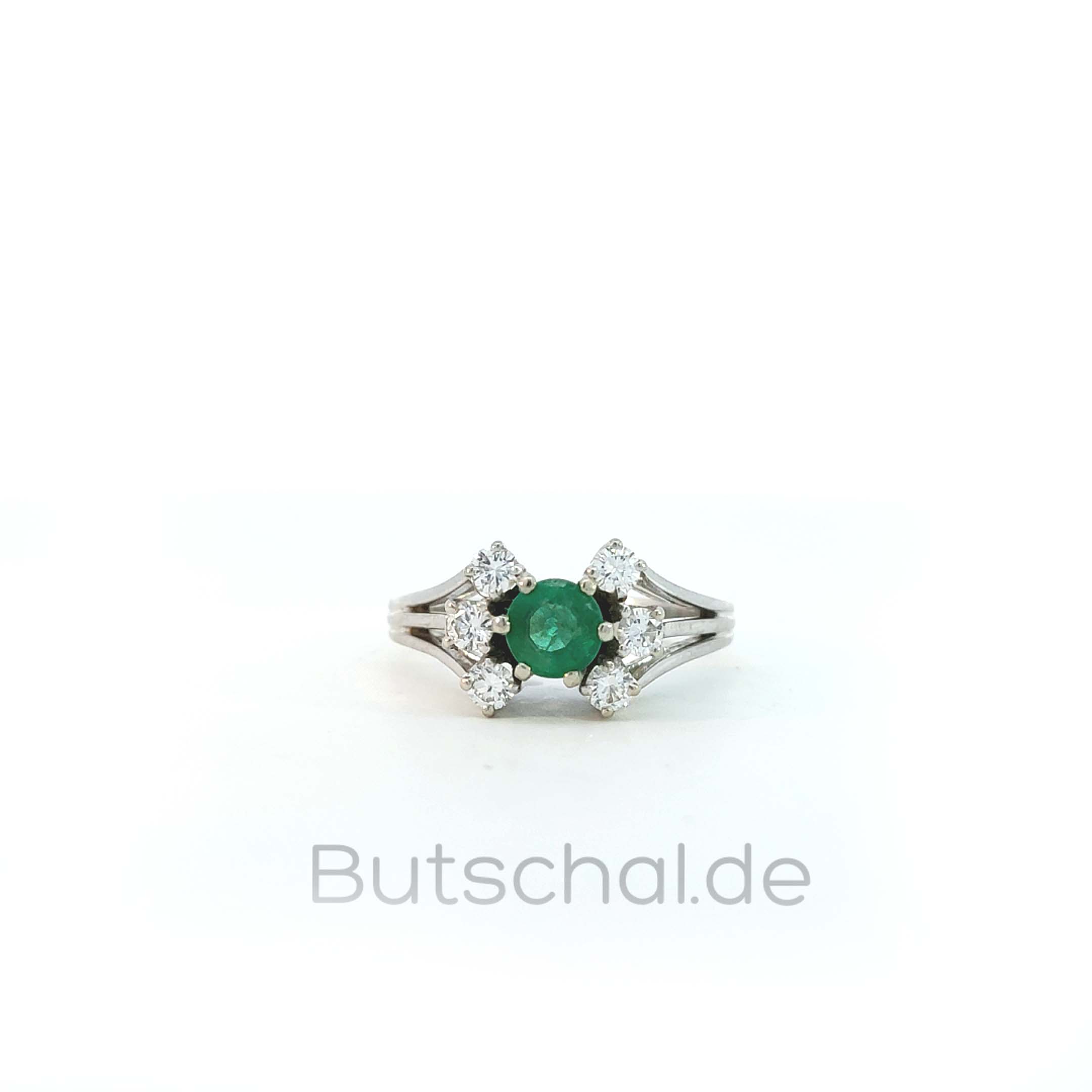 Diamant-Smaragd Weissgoldring, 14 kt mit 0,59ct Diamanten und 0,36ct Smaragdcabochons als Blumenstrauß