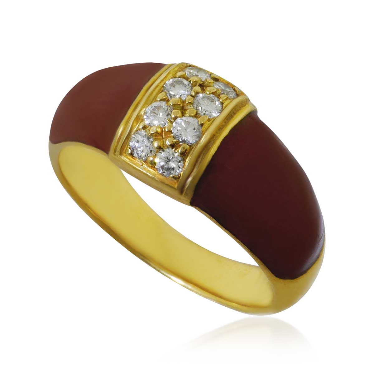   Goldring mit burgunder-rotem Email und 8 Diamanten in 750er Gelbgold 
