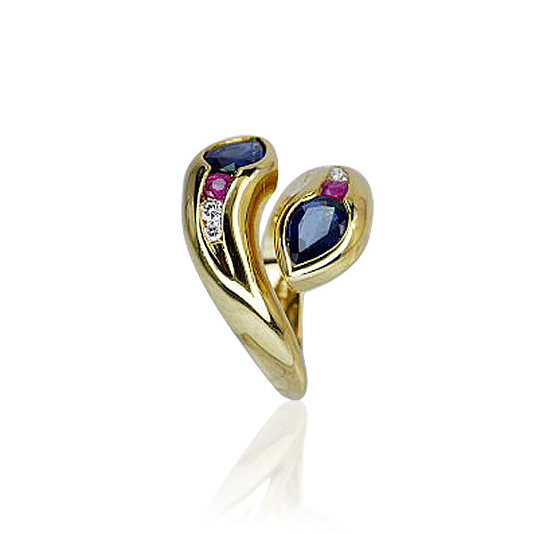 Schlangen Ring mit Diamanten, Rubinen und Safiren in 750 Gold 
