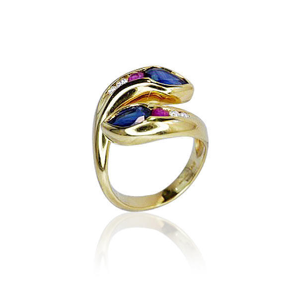 Schlangen Ring mit Diamanten, Rubinen und Safiren in 750 Gold 