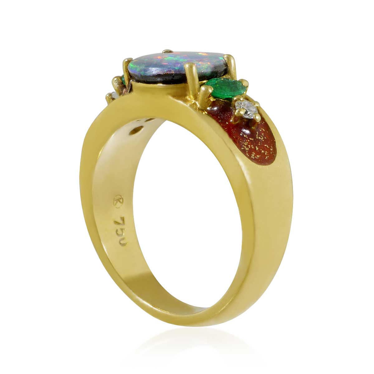 Opal-Smaragd-Goldring mit rotem Email und Diamanten zwei Smaragden und 1,55ct Opal