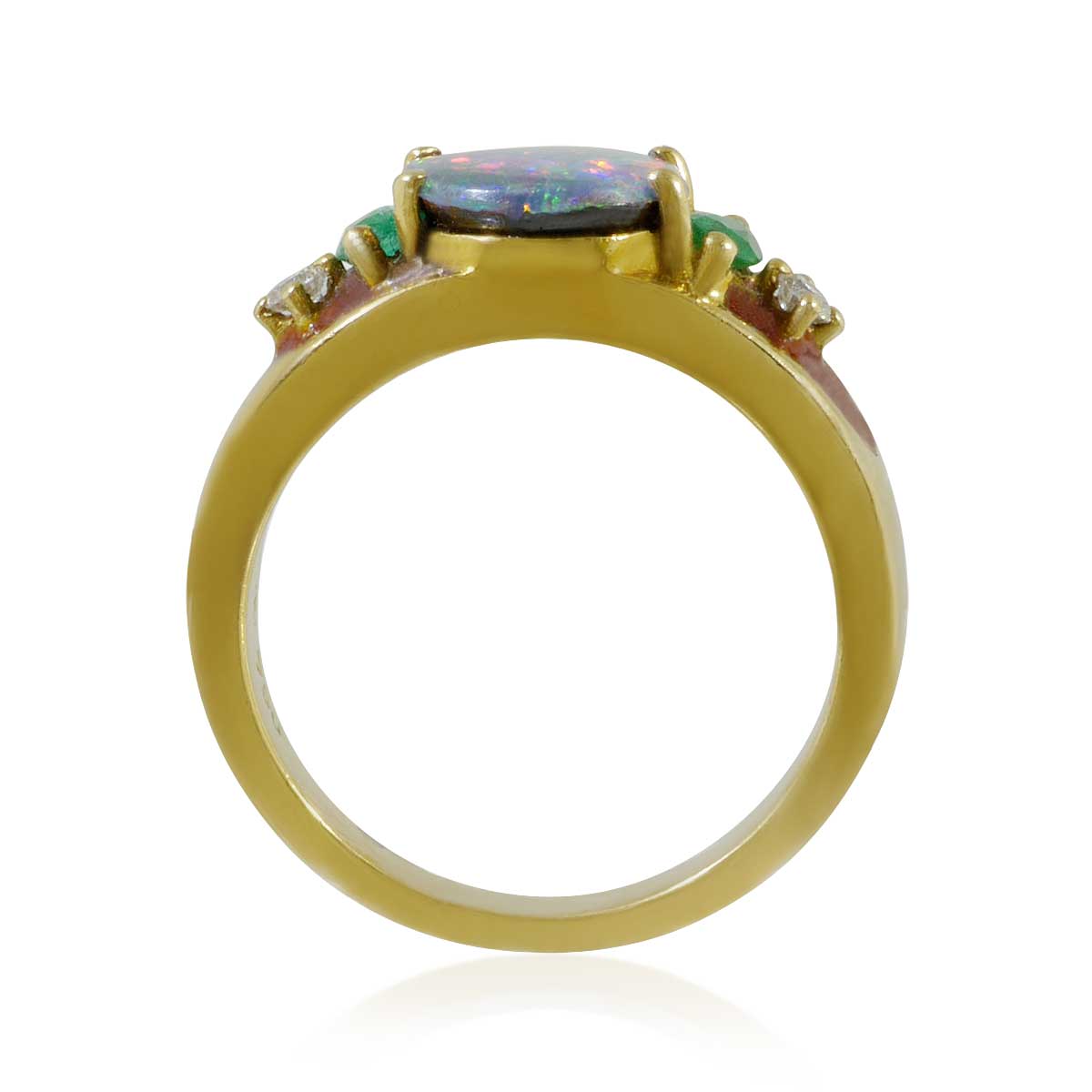 Opal-Smaragd-Goldring mit rotem Email und Diamanten zwei Smaragden und 1,55ct Opal