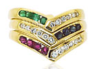 Tricolor 750 Goldring mit Diamanten, Saphiren, Rubinen und Smaragden, für Vergrösserung bitte hier klicken!