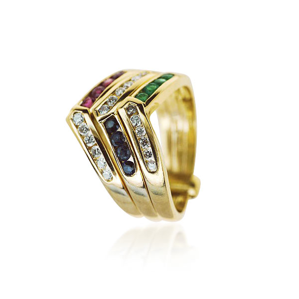 Tricolor 750 Goldring mit Diamanten, Saphiren, Rubinen und Smaragden
