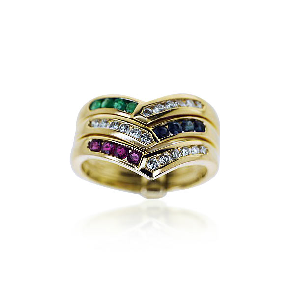 Tricolor 750 Goldring mit Diamanten, Saphiren, Rubinen und Smaragden