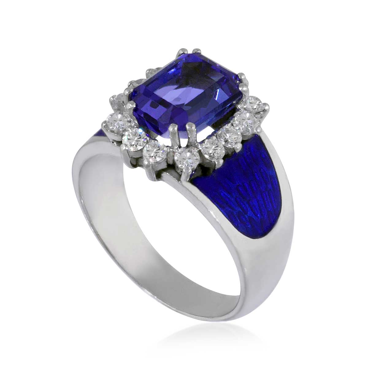 Tansanit Diamant Ring  mit königsblauem Email und 0,68ct Diamanten und   3,25ct Tansanit Weissgold