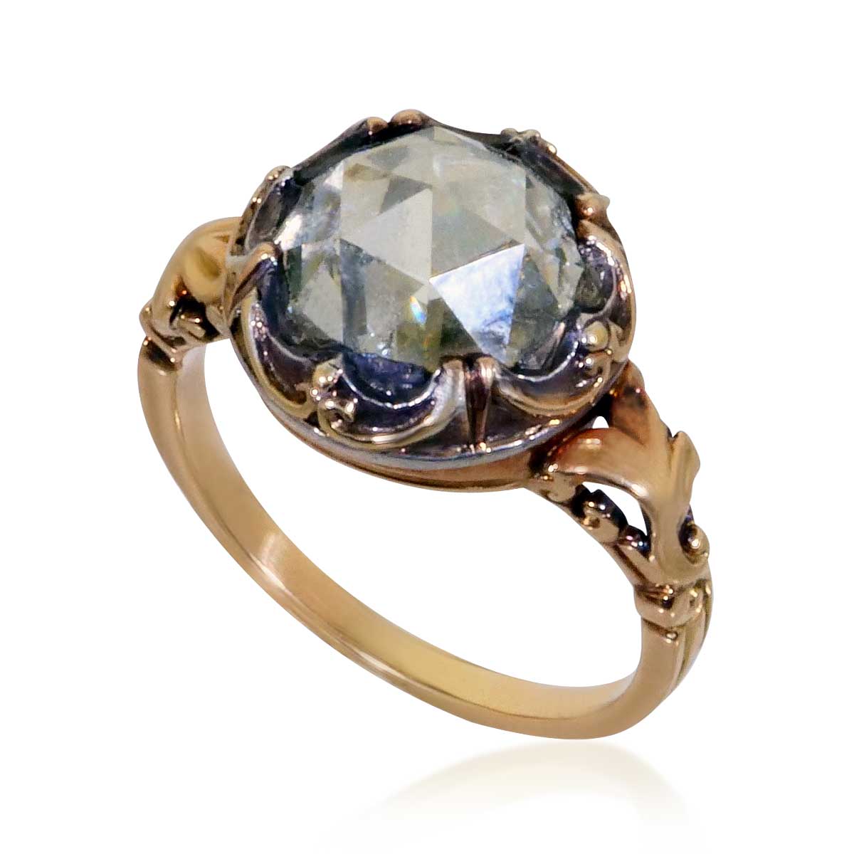 Diamantrose, Antiker Ring, 14 kt Gelbgold mit einem 4,98ct Diamant im Rosenschliff