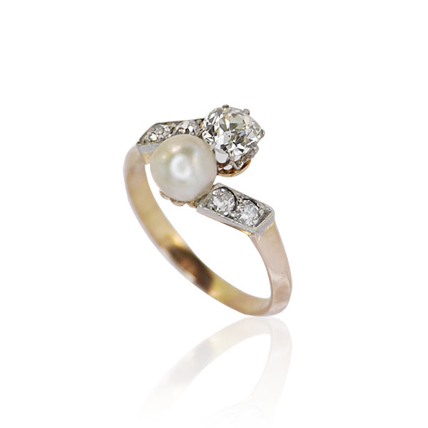 Diamant-Perlen-Ring mit 0,716ct Altschliff Diamanten und weisser Perle in Rosegold